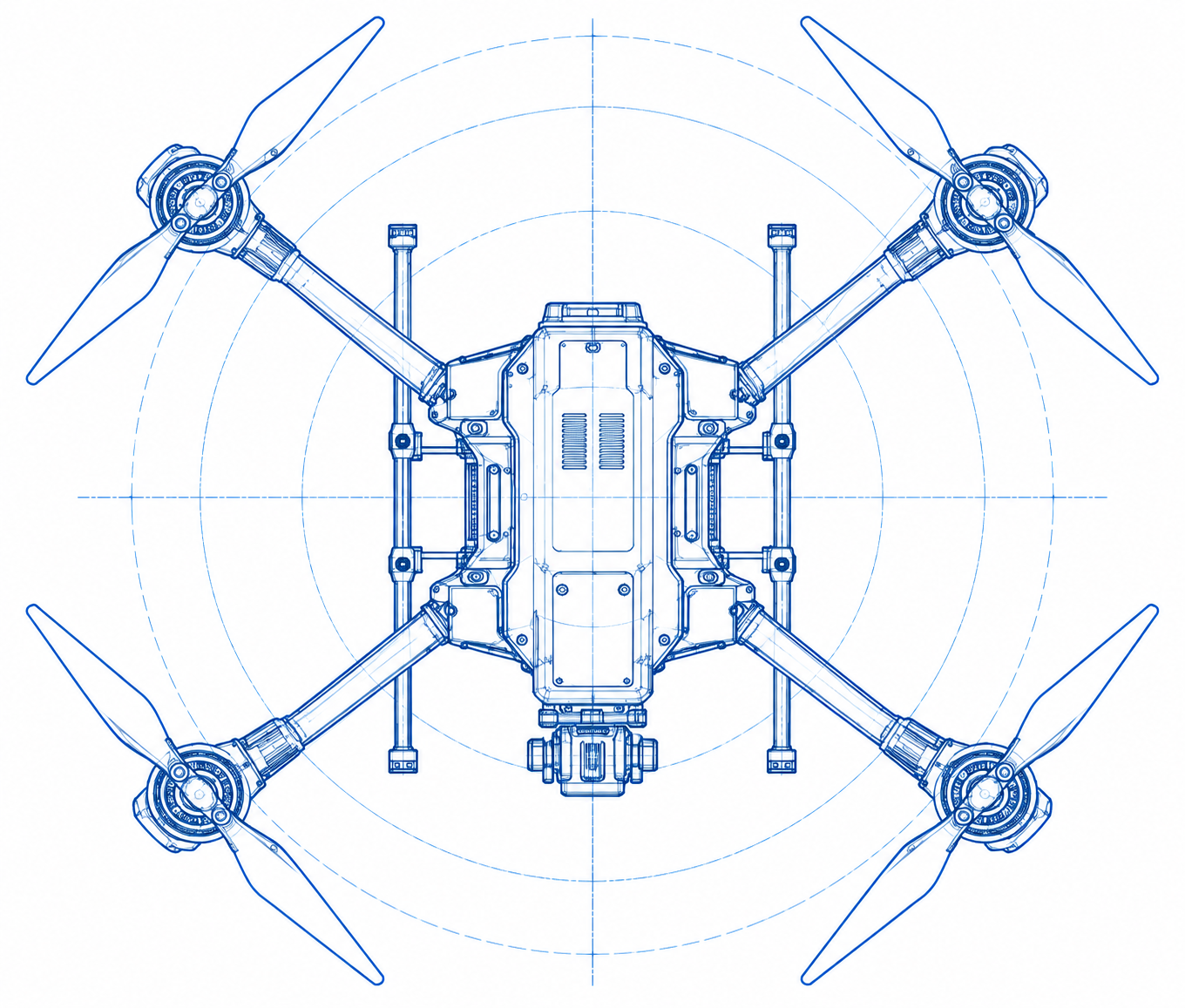 SkyMinds UAV engineering blueprint — three-view drawing and exploded key components