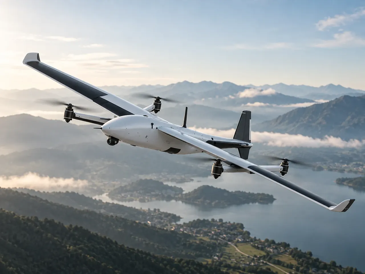 SkyMinds UAV in flight over mountain terrain